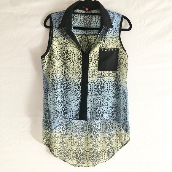 Retro Bongo Leopard Print Chiffon Top Sleeveless Hi-Low Blue Yellow Size XL - Picture 1 of 4